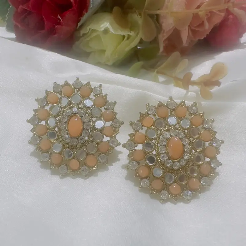 Elegant Pakistani mirror stone studs in peach and black with sliver 0
