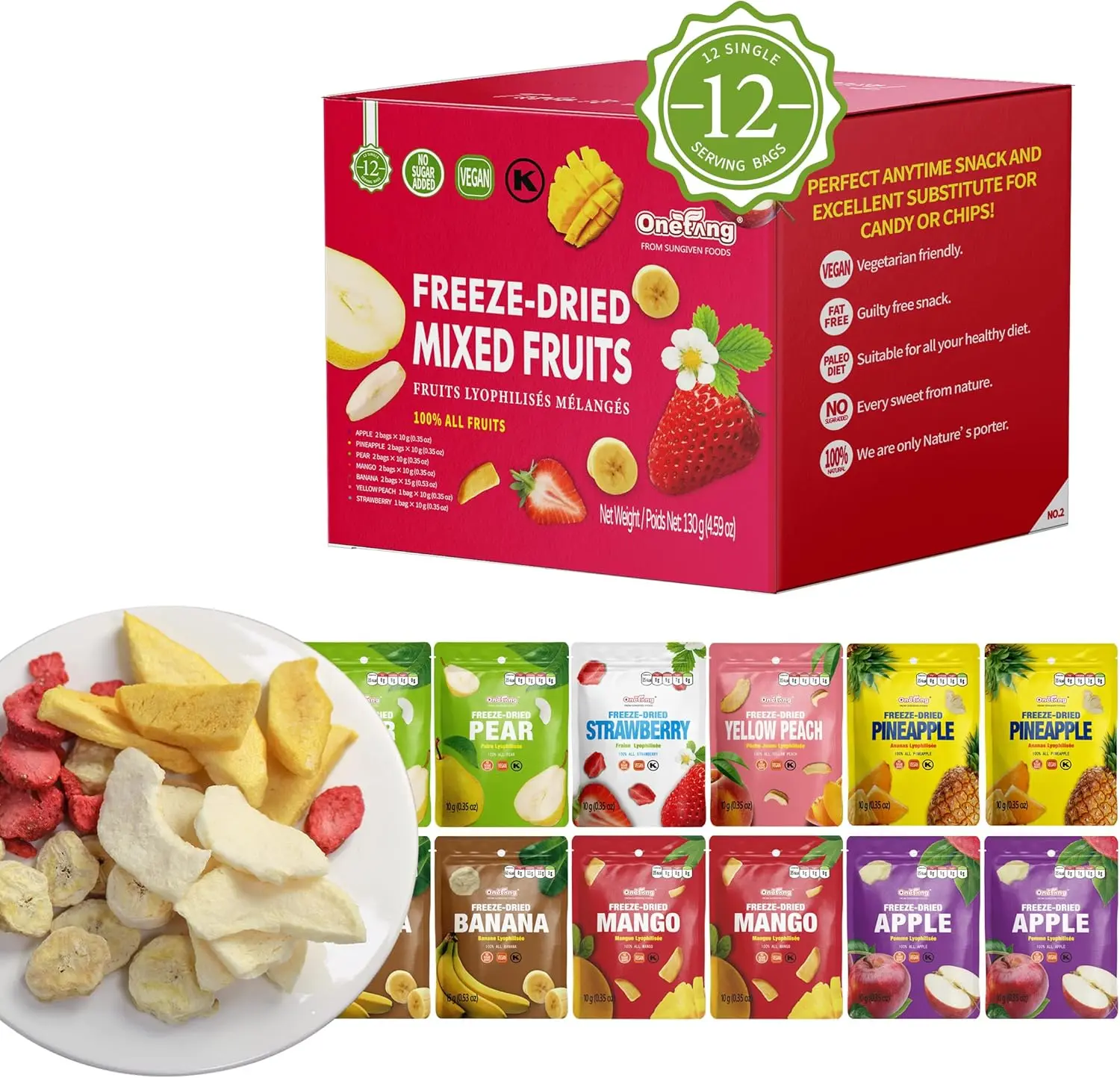 ONETANG Freeze-Dried Mixed Fruit, 12 Pack, Non GMO, Kosher, No Added Sugar, Gluten-Free, Vegan Snack