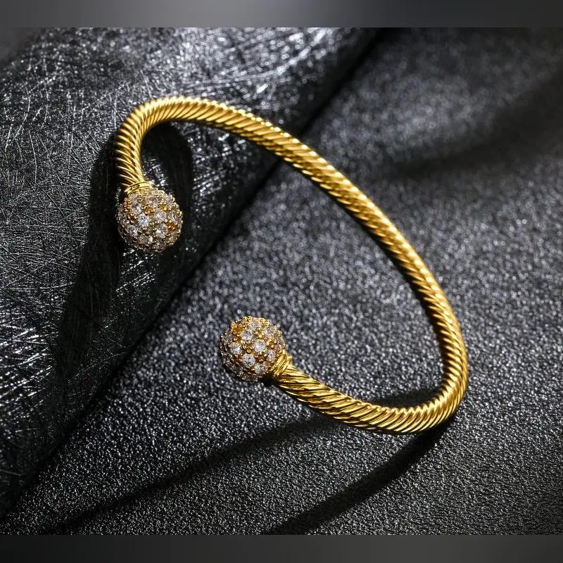 New 4mm Gold Ball Torque Bangle Bracelet with Stones – 7.5/8 Inch