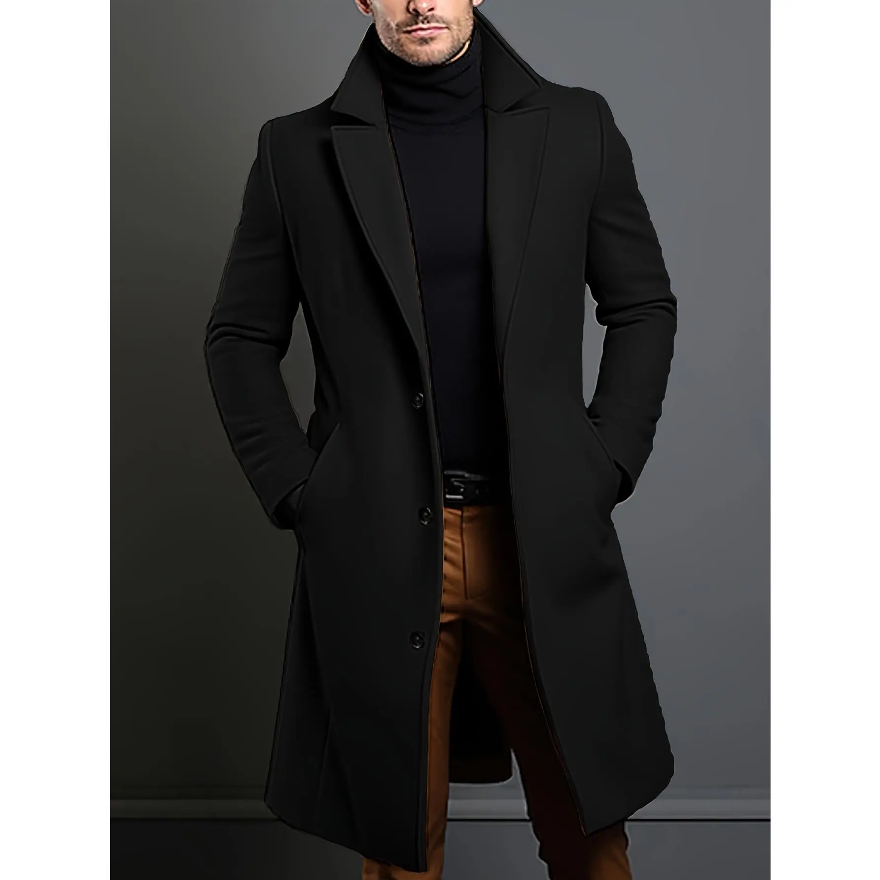 Men'S Classic Solid Color Polyester Long Sleeve Coat with Notch Lapel and Welt Pocket Design, Casual Style, Non-Stretch Fabric, Button Detail, Regular Fit for Daily Commuting Business Fall/Winter Collection