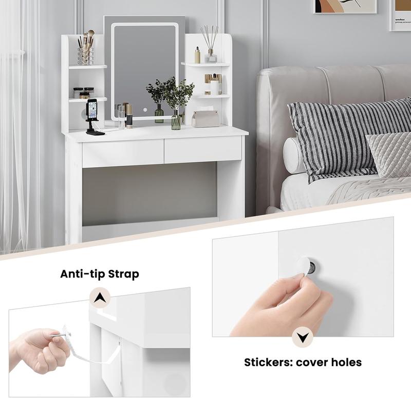 WOLTU Dressing Table with Dimmable LED Lights, Vanity Desk with Mirror & 2 USB Charging Ports, Makeup Table with 2 Drawers and Open shelves, Wooden Bedroom Dresser, White, MB6112ws clear  vanity 5