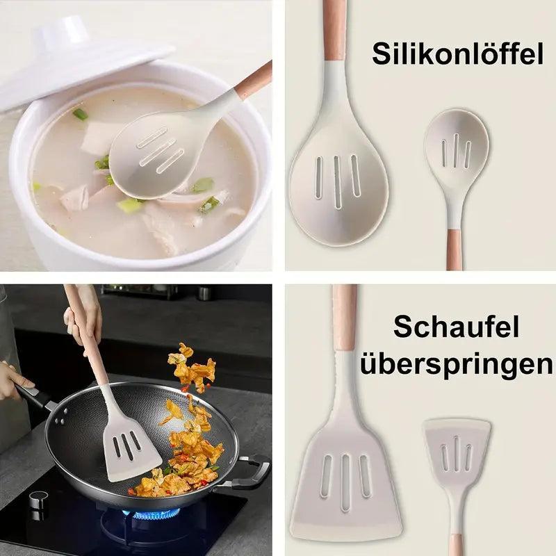 12 Pcs Non-Stick Silicone Cooking Utensils Spatula, Tong, Whisk Set  with Wooden Handle 7