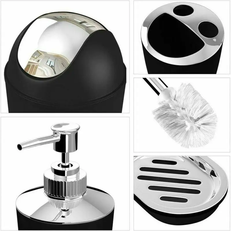6PCS Bathroom Accessory Set - Waste Bin, Soap Dish, Soap Dispenser, Toilet Brush & Holder, Tooth Brush Holder, Rinse Cup - 4L Capacity 4