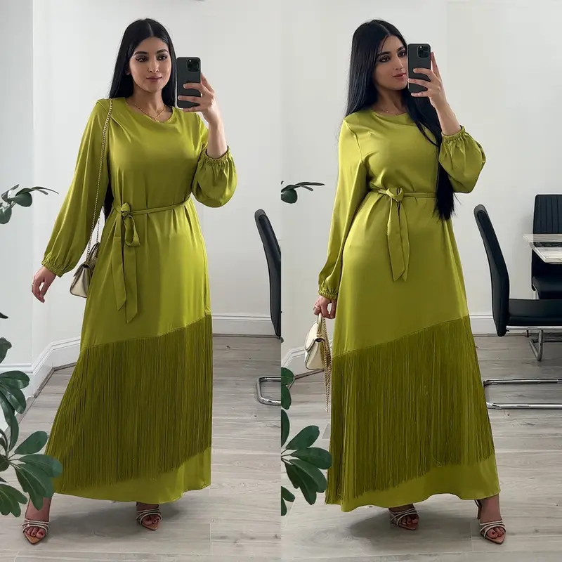 Women's Premium Quality - Satin Tassel Dress, Full Sleeve, Long Length Maxi, Elegant Belted Fringe Abaya for Party, Holiday or Daily Wear, Perfect for Spring, Summer and Autumn 1