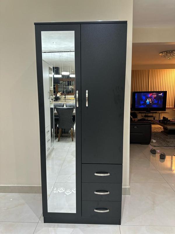 PALAKLOT 2 Door 3 Drawer Full-length Mirror Wardrobe | Modular Cabinet for Space Saving | Ideal Storage Organizer (Black) 7