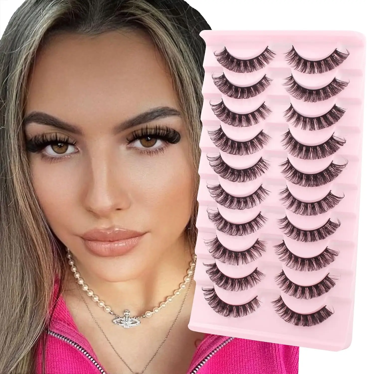 Eyelashes Russian Strip Lashes 10 Pairs Curly False Lashes D Curl Volume Strip Lashes Natural Fluffy Thick Fake Lashes