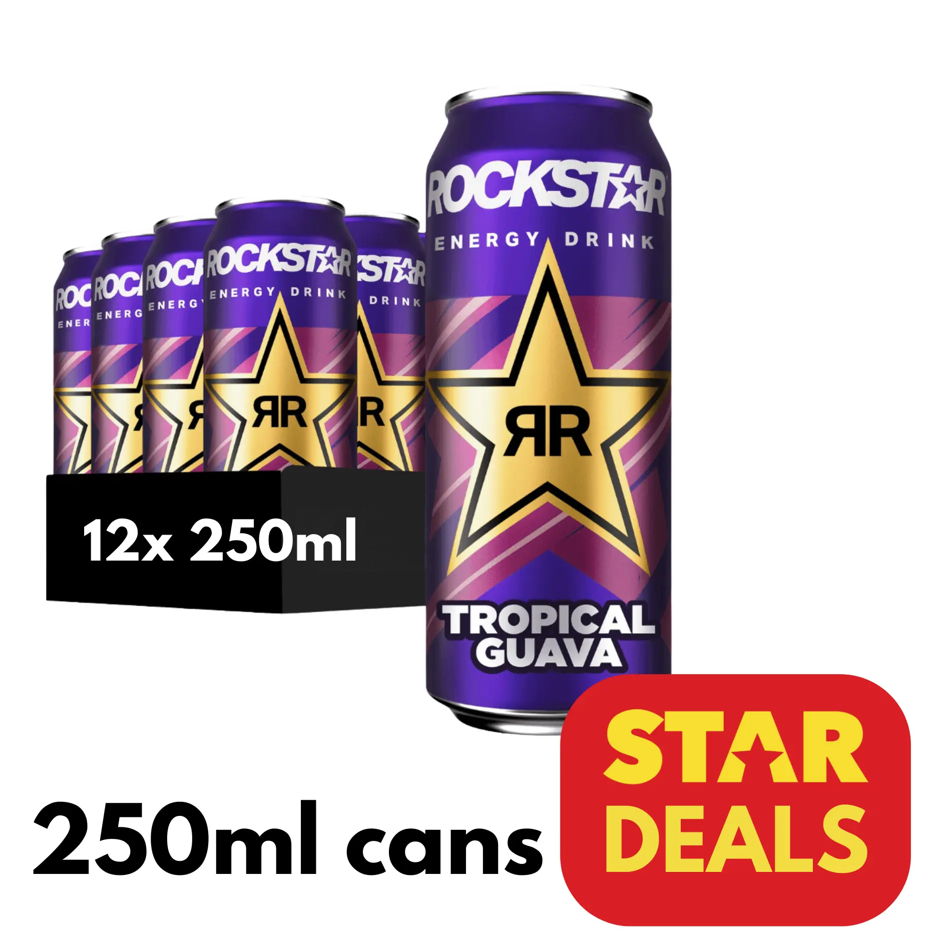 Rockstar Tropical Guava Energy Drink | 12 x 250ml cans | carbonated fruit flavour energy drink with sugar & sweeteners added caffeine vitamins & taurine | best before 31st May 2025