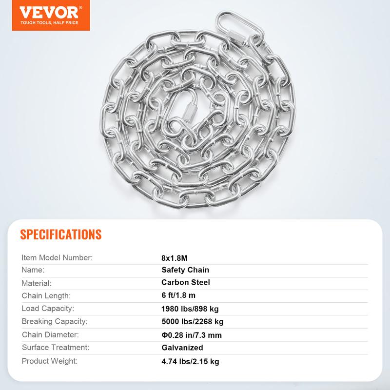 VEVOR Proof Coil Chain, 5/16" x 6', 1980 lbs Safe Working Load, Zinc Plated Proof Tested Coil Chain with Two Quick Links, Galvanized Carbon Steel Link Chain for Towing, Hanging, Camping, Pet Towing 6
