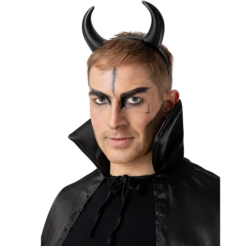 Black Plastic Devil Horns Adults Halloween Fancy Dress Accessory On Headband