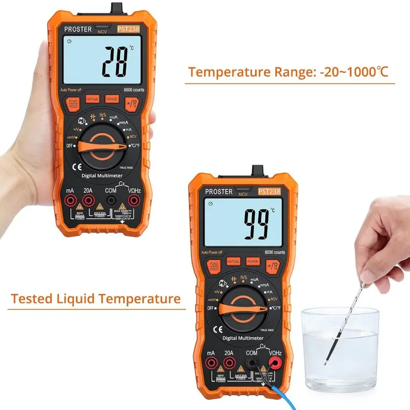 Multimeter TRMS 6000 Counts Auto Manual Range Multimeter Tester with DC/AC Voltage DC/AC Current NCV Detector Temperature Capacitance Resistance Diode Continuity Tester with Cloth Bag 8