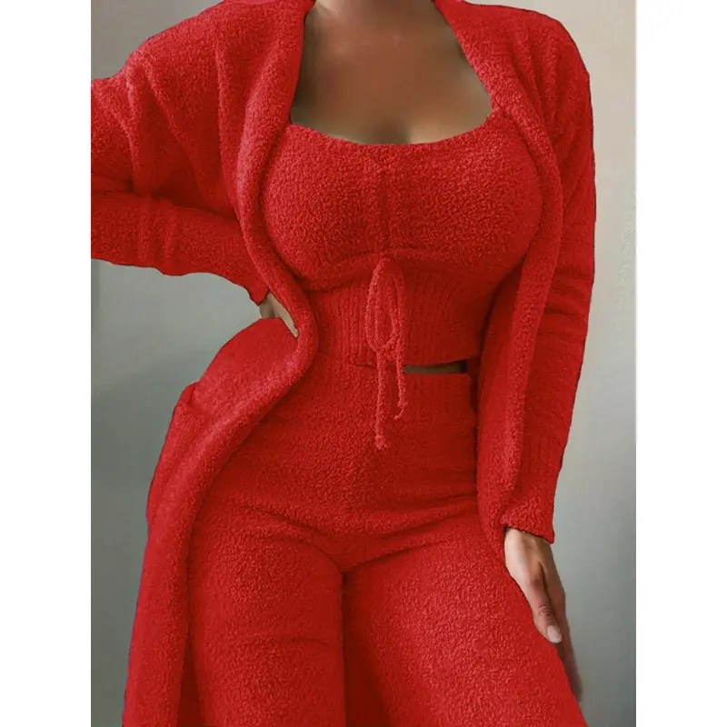 New Women's Plush Three Piece Lace up Pajama Set - Casual Set Pajamas 0