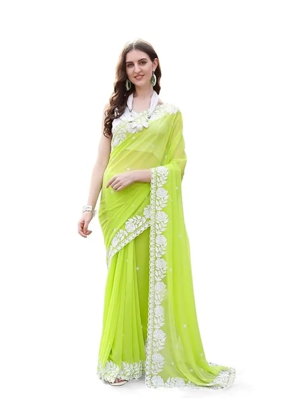 Estationeryhouse Women's Georgette Embroidery Border Work Designer Saree with Blouse Piece Unstiched Dress Traditional