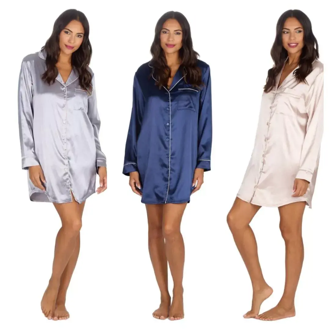Women's Homewear Satin Silky Nightshirt | Longsleeves Basic , Button Front, Elegant and Comfortable Womenswear loungewear Nightwear Shirts in Sizes 10 - 24 Minimalist