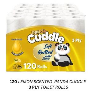 Panda Cuddle 120 Toilet Rolls, 3 Ply, Lemon Scented, White Tissue - Wipes, Napkin - Towel, Lightweight