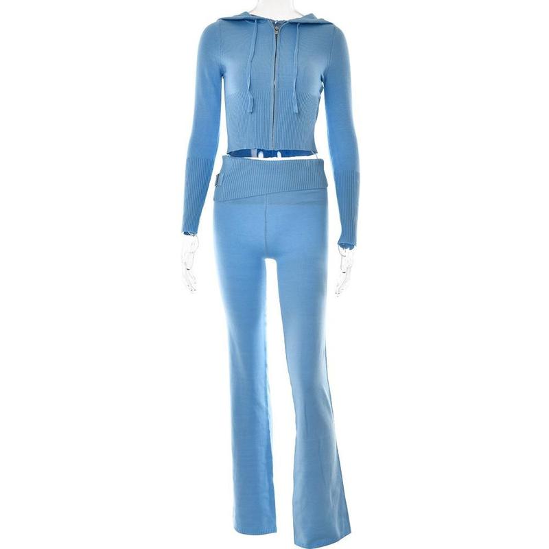 Knitted 2 Piece Sets Women Tracksuit Long Sleeve Zipper Hooded Sweater Crop Top Flare Pants Stretch Matching Suit Outfit Womenswear Overalls 5