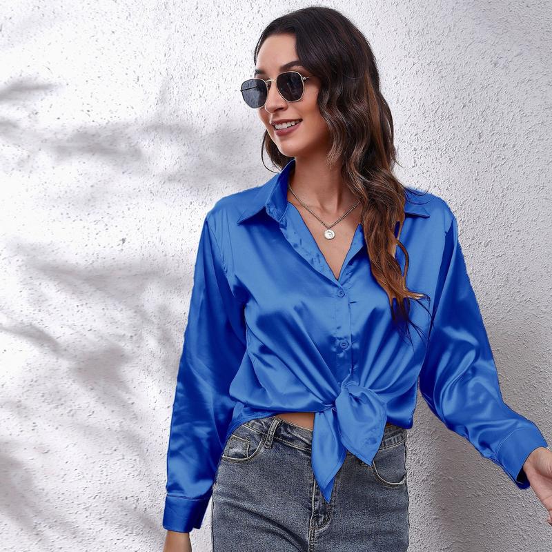 Product Introduction of Women's Satin Satin Imitation Silk Long Sleeved Shirt Elegant V-neck Retro Style Multicolor Shirt Top-Looki Ngi 4