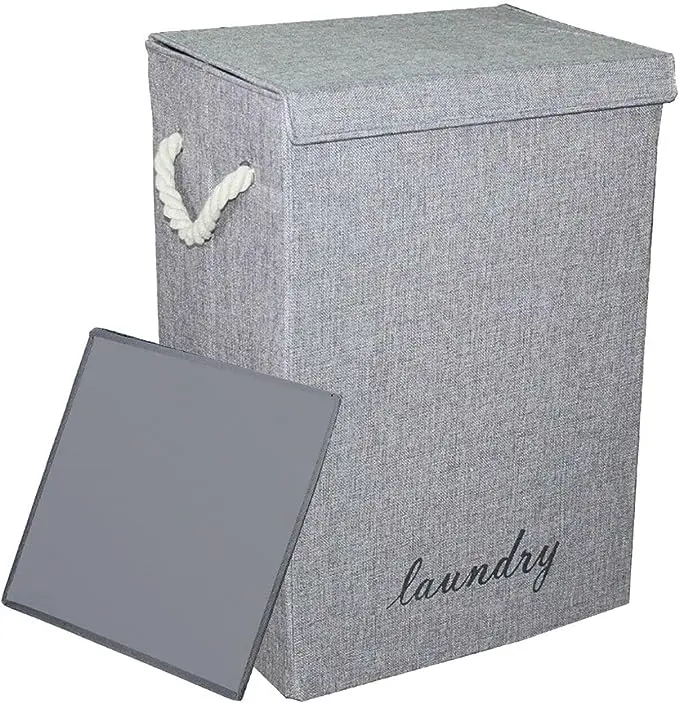 FABRIC & BAMBOO LAUNDRY BASKET DIRTY/WASHING CLOTHES STORAGE HOUSEHOLD BASKET - Laundry Hamper Organizer Clothes Washing Basket Bin Storage Box (LBF003- Fabric - Grey)