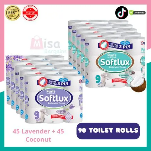 90 Toilet Rolls 45 Softlux Purffs Coconut + 45 Softly Purffs Lavender 3ply Bathroom Luxury Quilted Toilet Rolls  (10*9pk) Flushable Disposable Family Toilet