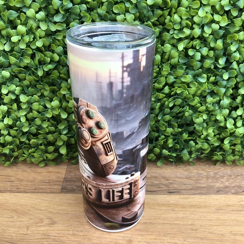 Apocalyptic Gamer's Life 20oz Skinny Tumbler (Drinkware Flask) Insulated Stainless Steel with reusable airtight insulation lid and plastic or metal straw 3