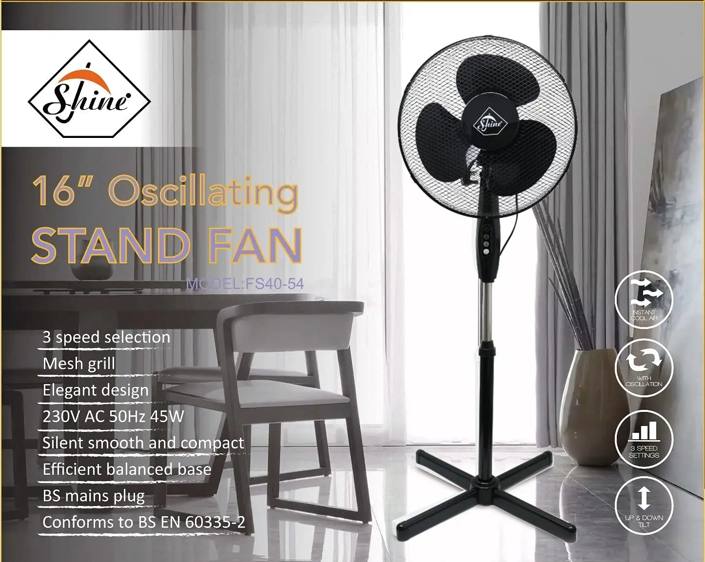 HOME OFFICE AIR COOLING FAN DESK FLOOR OSCILLATING ELCTRIC PEDESTAL BUTTON CONTROLS (16" WHITE and black))