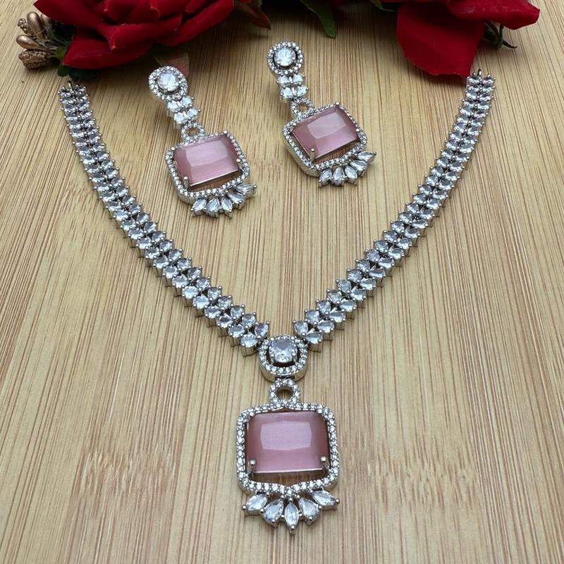AD138 Baby Pink White Stone American Diamond Necklace Earrings Set Pendant Style 0