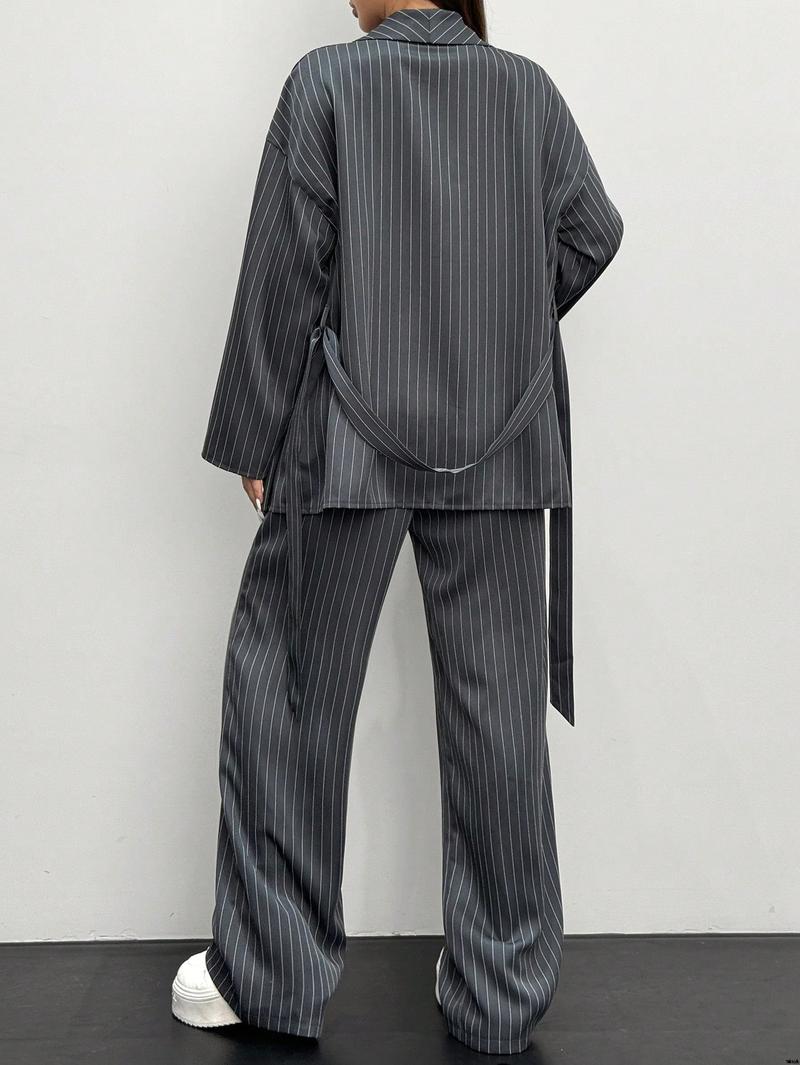 Product Introduction of Suit Commuting Fashion Office Gray , Suit Jacket Suit Kimono Casual Elegant Wrap Striped Women's Set 2 Essnce tiktok 1