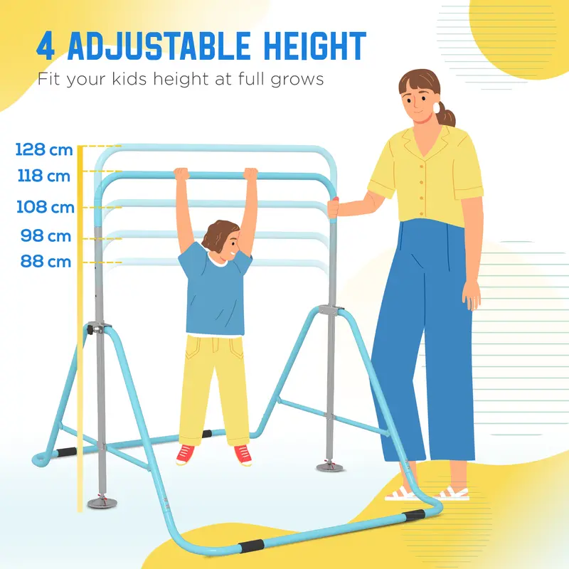HOMCOM Kids Gymnastics Bar, Foldable Horizontal Bars w/ Adjustable Height, Training Bar w/ Triangle Base 1