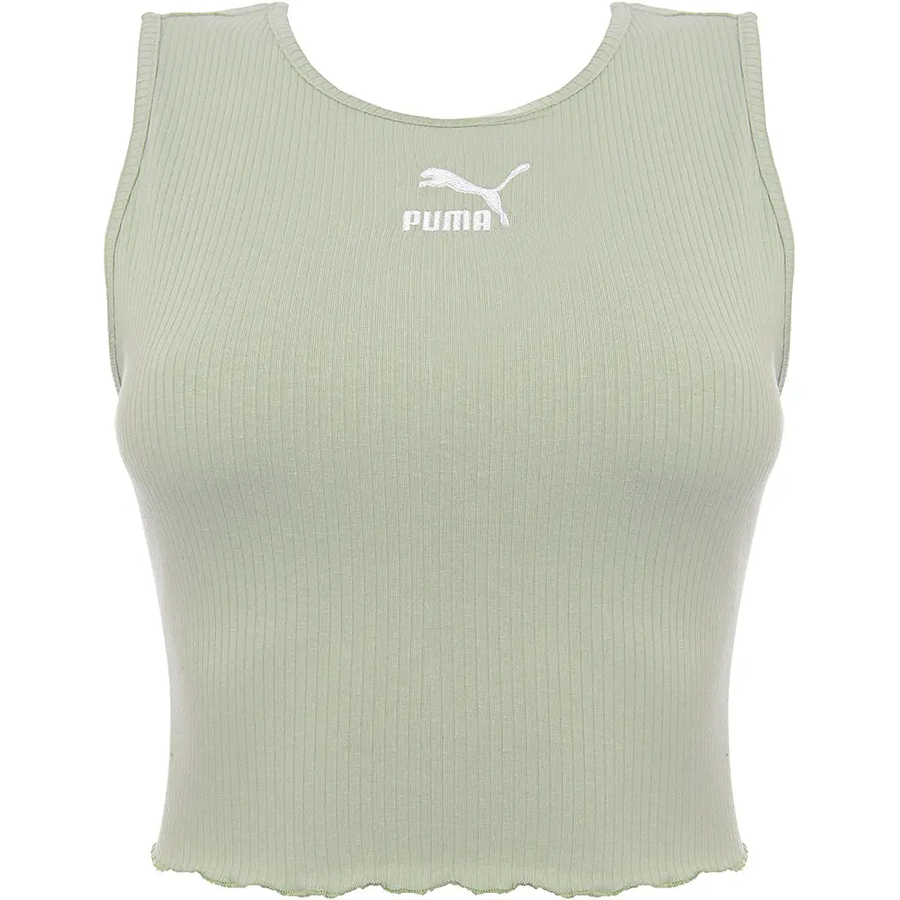 Puma Womens Lime Green Classics Lettuce Hem Crop Tank Top