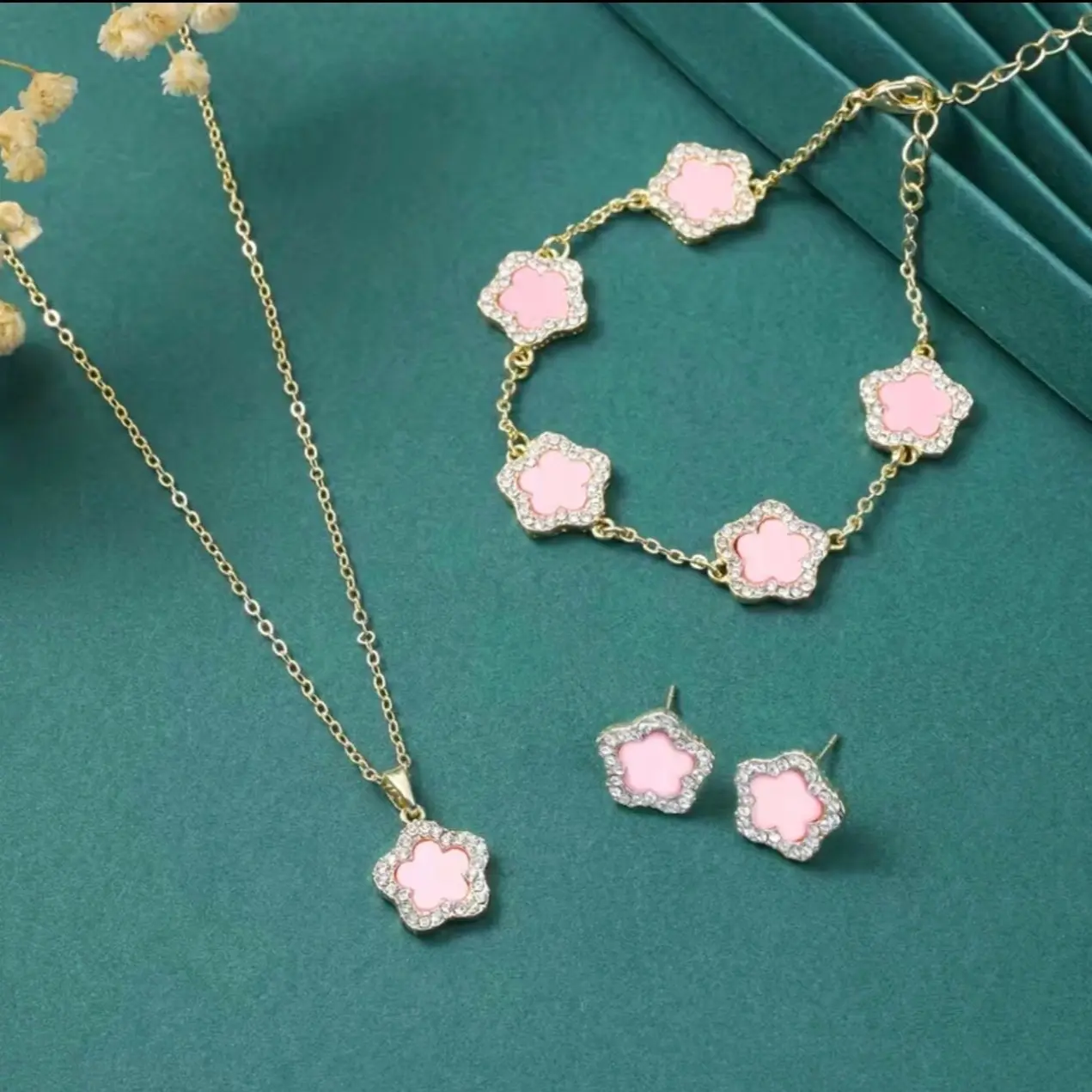 Complete Set | Necklace, Bracelet , Earrings | Double Side Clover Bracelet Gold | Four Leaf Clover | 3 pieces Jewellery