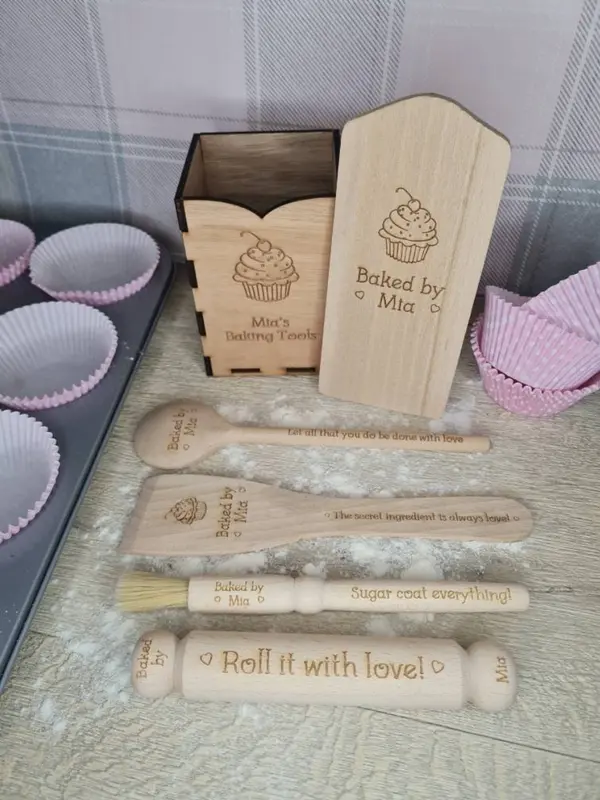 6 piece Personalised baking set, Beautiful gift for child baker,  Kids pretend play present - kitchen - birthday - christmas - bakery set 3
