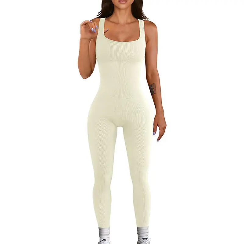 【50 %off】Women Yoga Jumpsuits Summer Sleeveless Ribbed Knit Square Neck Body con Slim Fit Pants Solid Color Workout Sports Outfits 4