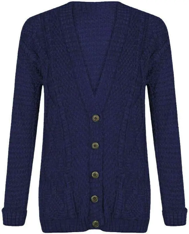 Womens Long Sleeve Chunky Cable Knitted Grandad Cardigan Girls Button Up Pocket Cardigan 0