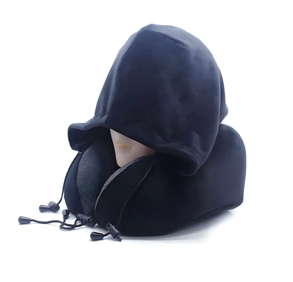 Carry Memory Foam Travel Neck Pillow with Eyes Mask and Ear Plugs, Suitable for airplane, cars trains, soft travel cushion with hooded for sleeping (Black)