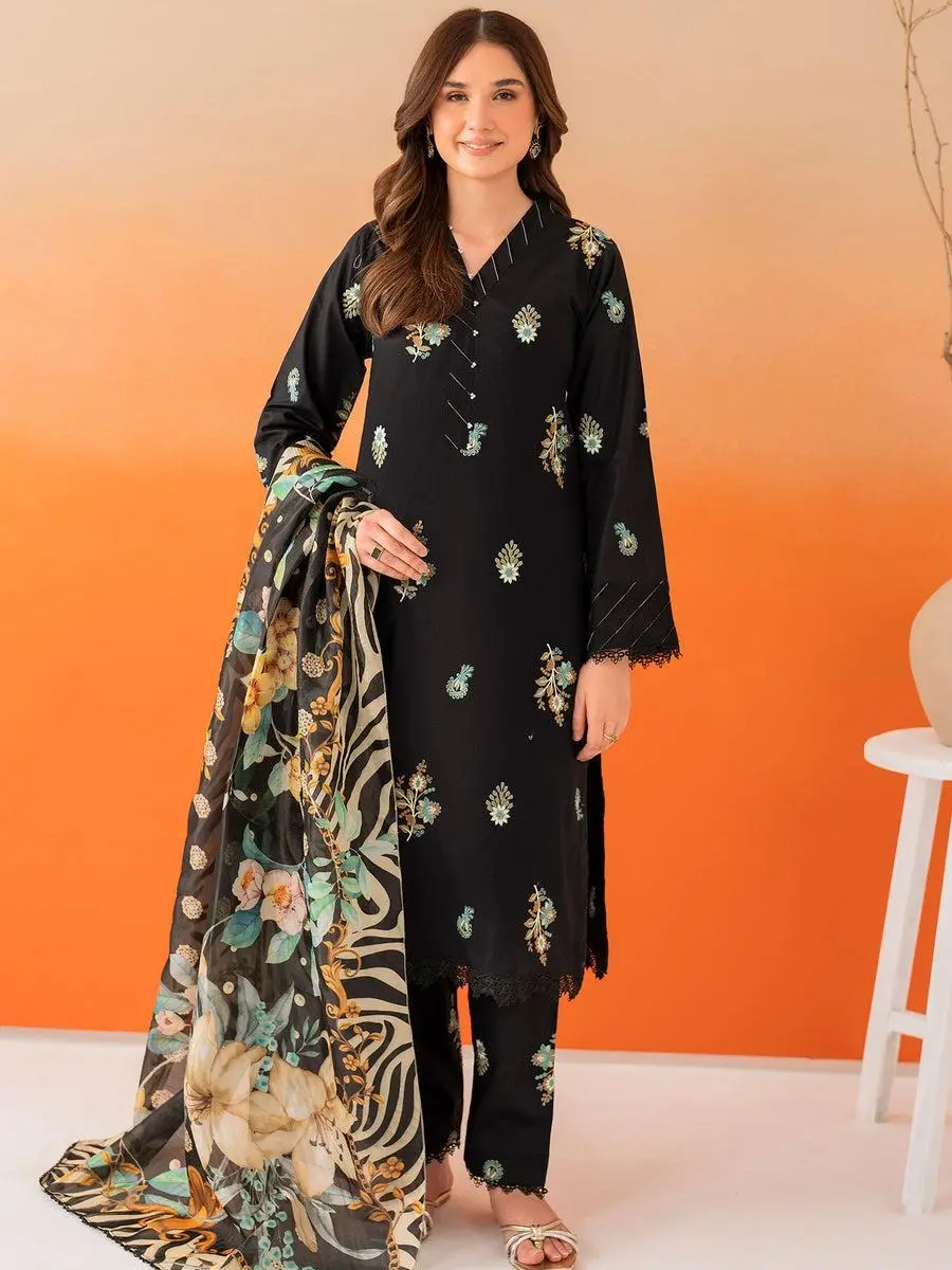 Panache Apparel Cotton Embroidered 3 Piece Suit with Digital Print Silk Dupatta - Black - Casual