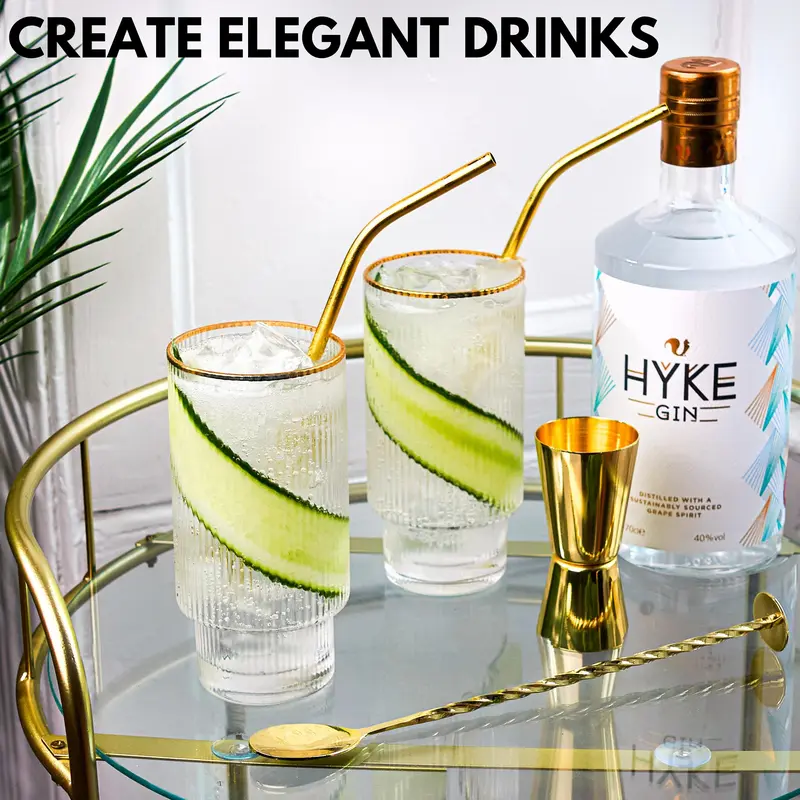 Stunning Ripple Crystal Highball Glasses- 2 Handmade Coffee Glasses + Cocktail Accessories | 2 Metal Straws, Bar Spoon & Jigger Drinkware Reusable Set Stylish 6