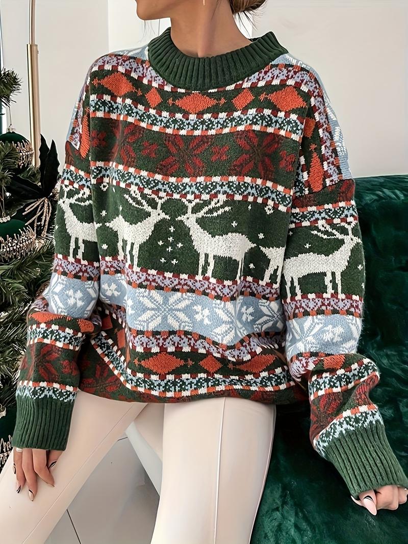 Product Introduction of Plus Size Christmas Deer Pattern Knitted Sweater, Casual Crew Neck Long Sleeve Pullover Sweater, Women's Plus Size Clothing 4