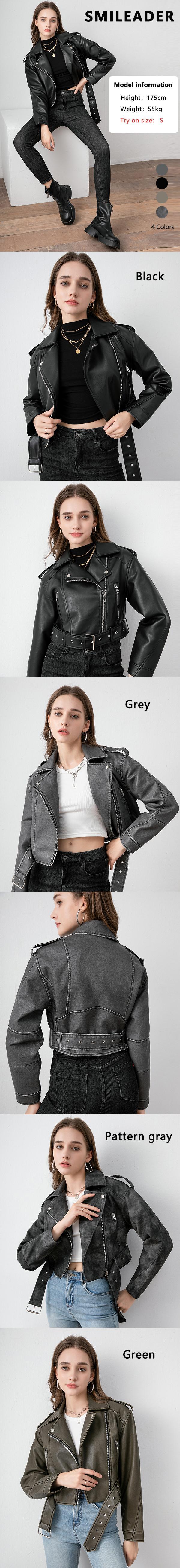 Product Introduction of 【2025】Premium Faux Leather Jacket coat  for Women,Solid Color Pocket Zipper PU Cropped Collared Long Sleeve Biker Faux Leather Jacket, Street Fashion Casual with Removable Belt Zipper Pocket for Autumn&Winter,New year/Christimas gift,fast delivery 1