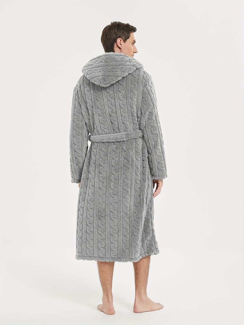 Product Introduction of Men's Comfy Solid Fleece Robe Home Hooded Pajamas Wear With Pocket & Hair Dry Hat, One-piece Lace Up Kimono Night-robe Warm Sets After Bath 19