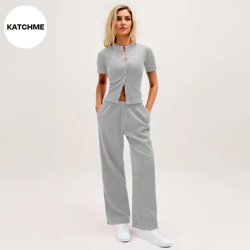 KatchMe Women's Minimalist Solid Color Button-Up Short Sleeve Slim Top & Plicated Wide Leg Trousers Co-ord, Basic Two Piece Outfits, Comfortable Womenswear 3