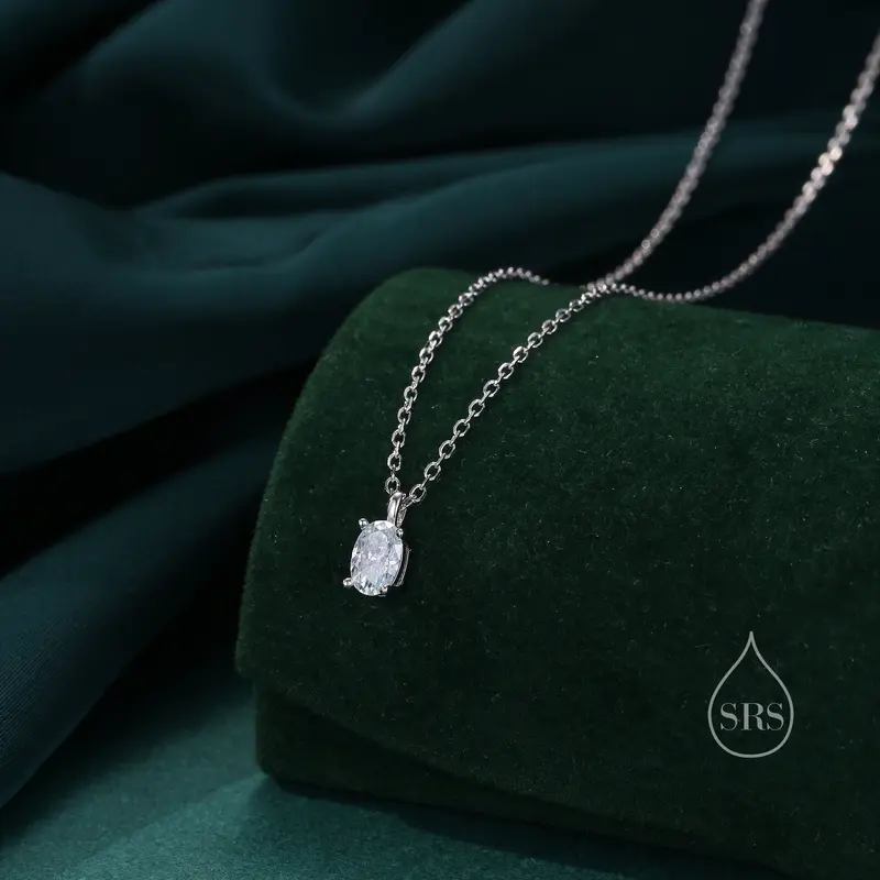 1 Carat Moissanite Diamond Classic Single Stone Pendant Necklace in Sterling Silver, Oval Cut, Genuine Moissanite Diamond, 18 inch chain 1