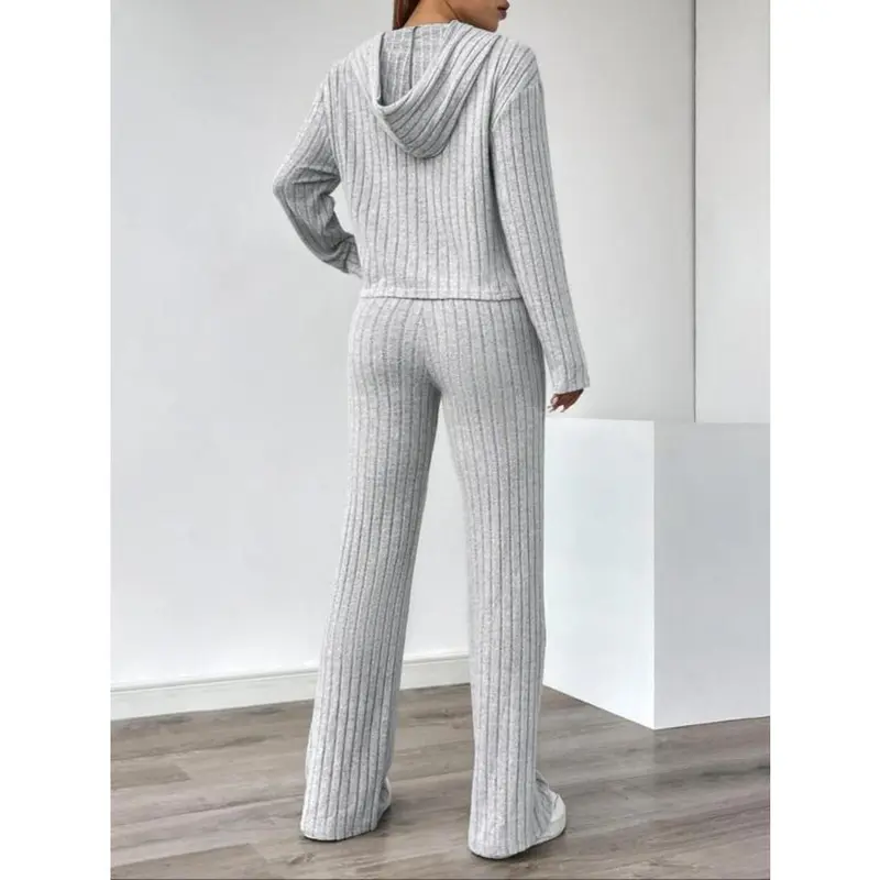 Women's Solid Color Drop Shoulder Drawstring Hooded Sweatshirt & Pants Ribbed Two-piece Set, Casual Fashion Cozy Breathable Two Piece Outfits for Daily Outdoor Wear, Ladies Clothes for All Seasons 1