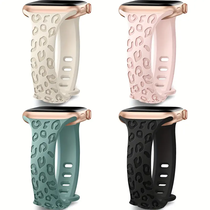 4-Pack Leopard Engraved Stainless Steel Bands Compatible with Apple Watch 38mm 40mm 41mm 42mm 44mm 45mm for Women, Sport IWatch Series Wearable 7