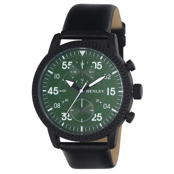 Henley Men's Bold Textured sports Green Dial With Black Leather Strap Watch H02212.11 0