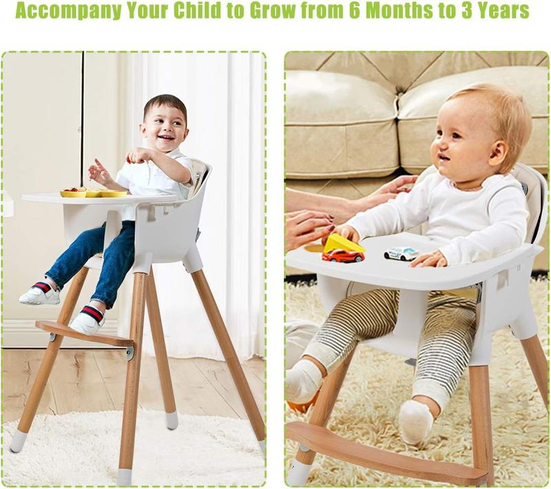 COSTWAY - Baby High Chair, 3 in 1 Dining Chair with Adjustable Legs, Removable Tray, 5-Point Seat Belt, Detachable Footrest, Feeding Highchairs for Babies, Infants, Toddlers 4