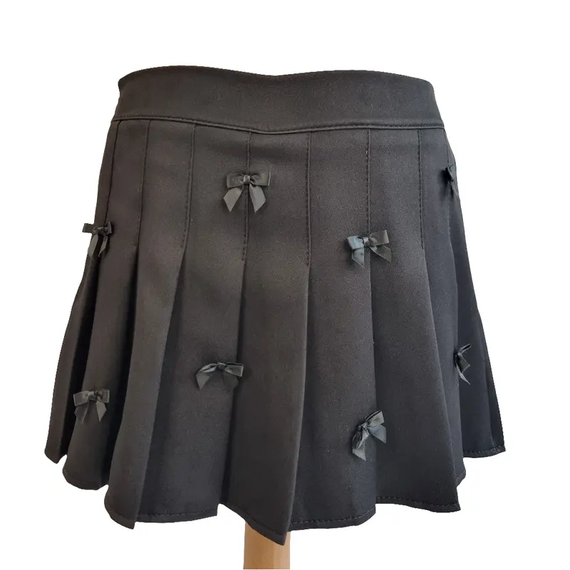 Black Pleated Mini Skirt with Ribbon Bow Accents 0