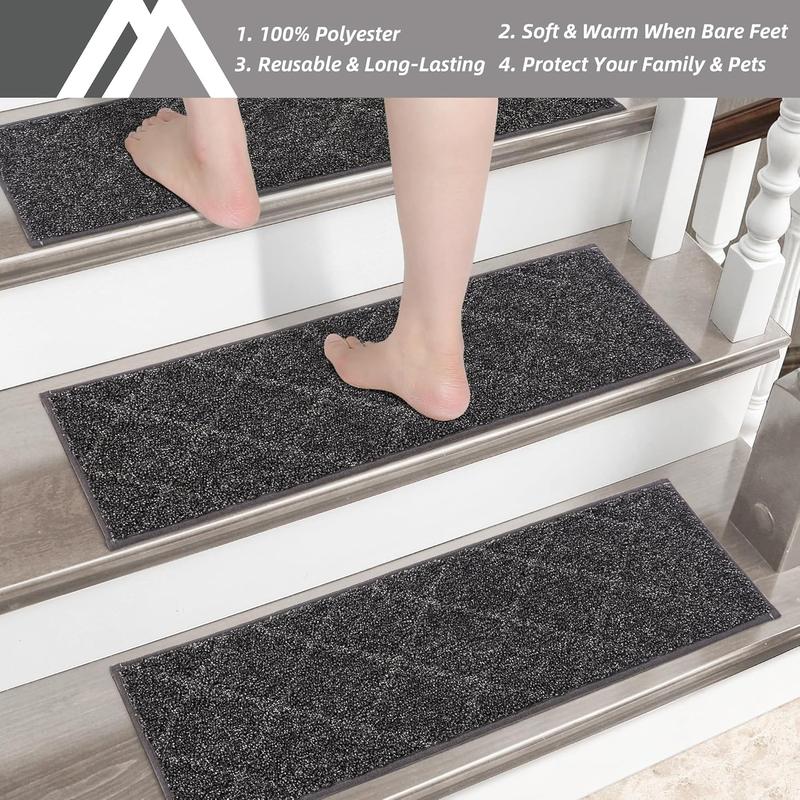 Edging Stair Treads Non-Slip 22 x 70cm(4PCS), Indoor Carpet Treads for Stairs, Stair Carpet Treads for Kids Elders and Dogs, Machine Washable, 100% Polyester, TPE Backing, Black 4