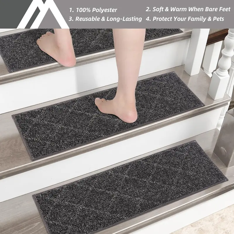 Edging Stair Treads Non-Slip 22 x 70cm(4PCS), Indoor Carpet Treads for Stairs, Stair Carpet Treads for Kids Elders and Dogs, Machine Washable, 100% Polyester, TPE Backing, Black 4