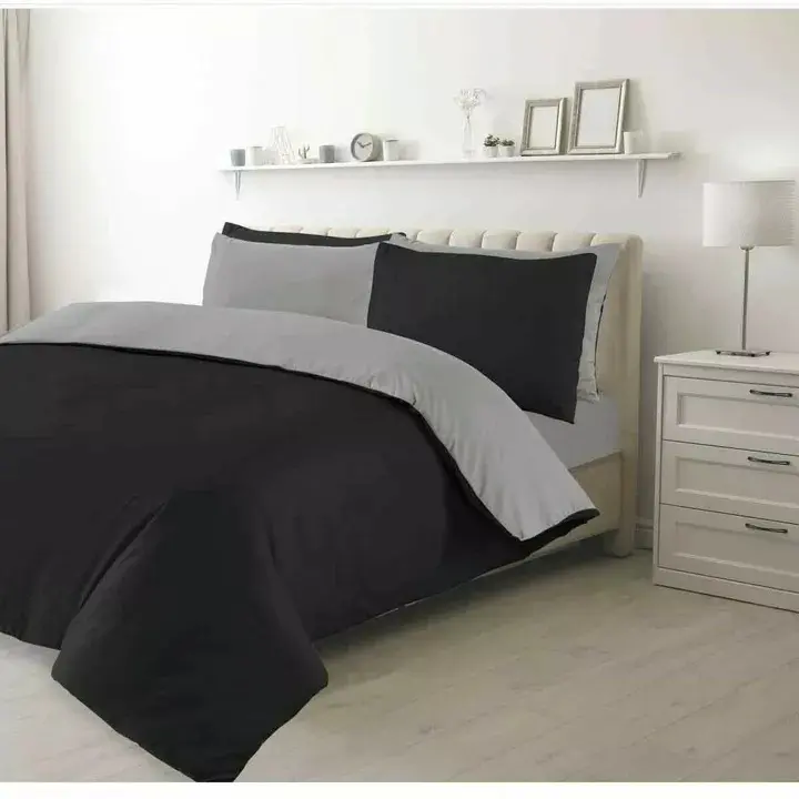 Luxury Reversible Duvet Cover Microfiber Fabric Bedding Single Double King Super King UK Sizes-Grey+ Black/ Burgendy + Black /Silver + Pink/Silver + Black-Machine washable-Breathable & Anti Allergenic