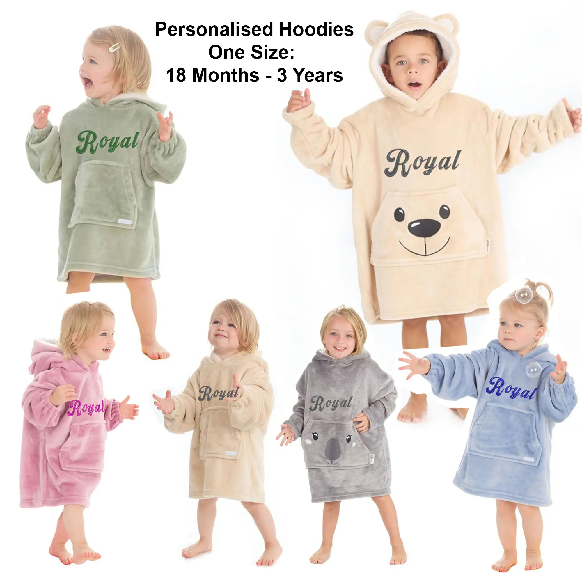Royal Icon - Personalised Kids Hoodie - Embroidery Boys Girls Hoody - Customise Oversized Plush Hoodie For Children's - 18M to 3 Years - Ri906