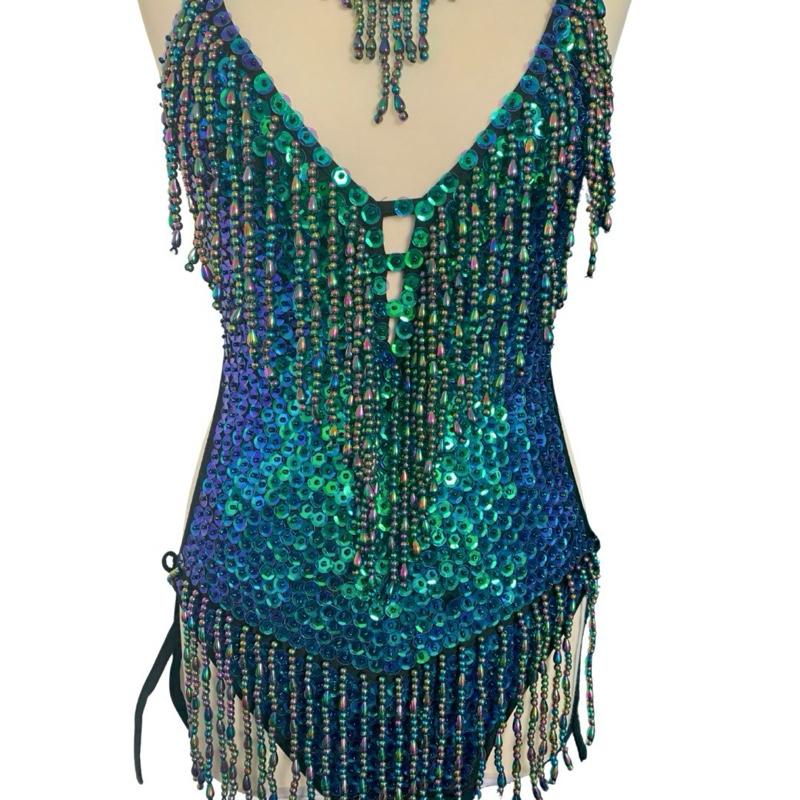 Mermaid Green Sequin Tassel Leotard for Women - Festival Fashion & Dance Costume - Comfortable, Statement, Stitch, Fits, Medium, Piece 1